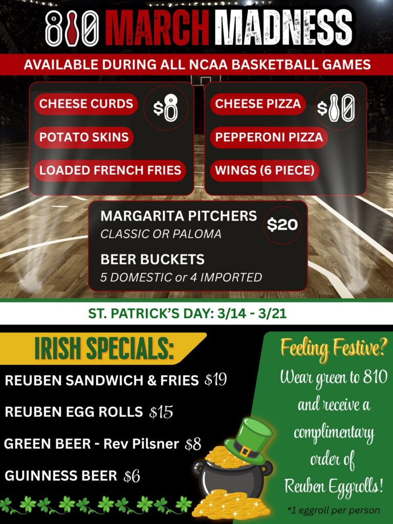 Image of the specials running during March madness and St. Patricks Day at 810 Entertainment